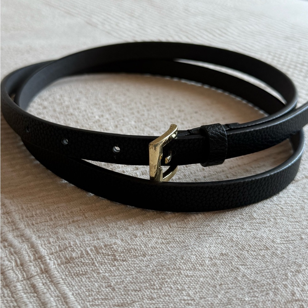 Thin Black Faux Leather Belt with Gold Buckle